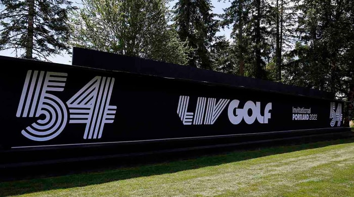 La signalisation de LIV Golf est photographiée lors du tournoi de Portland 2022.